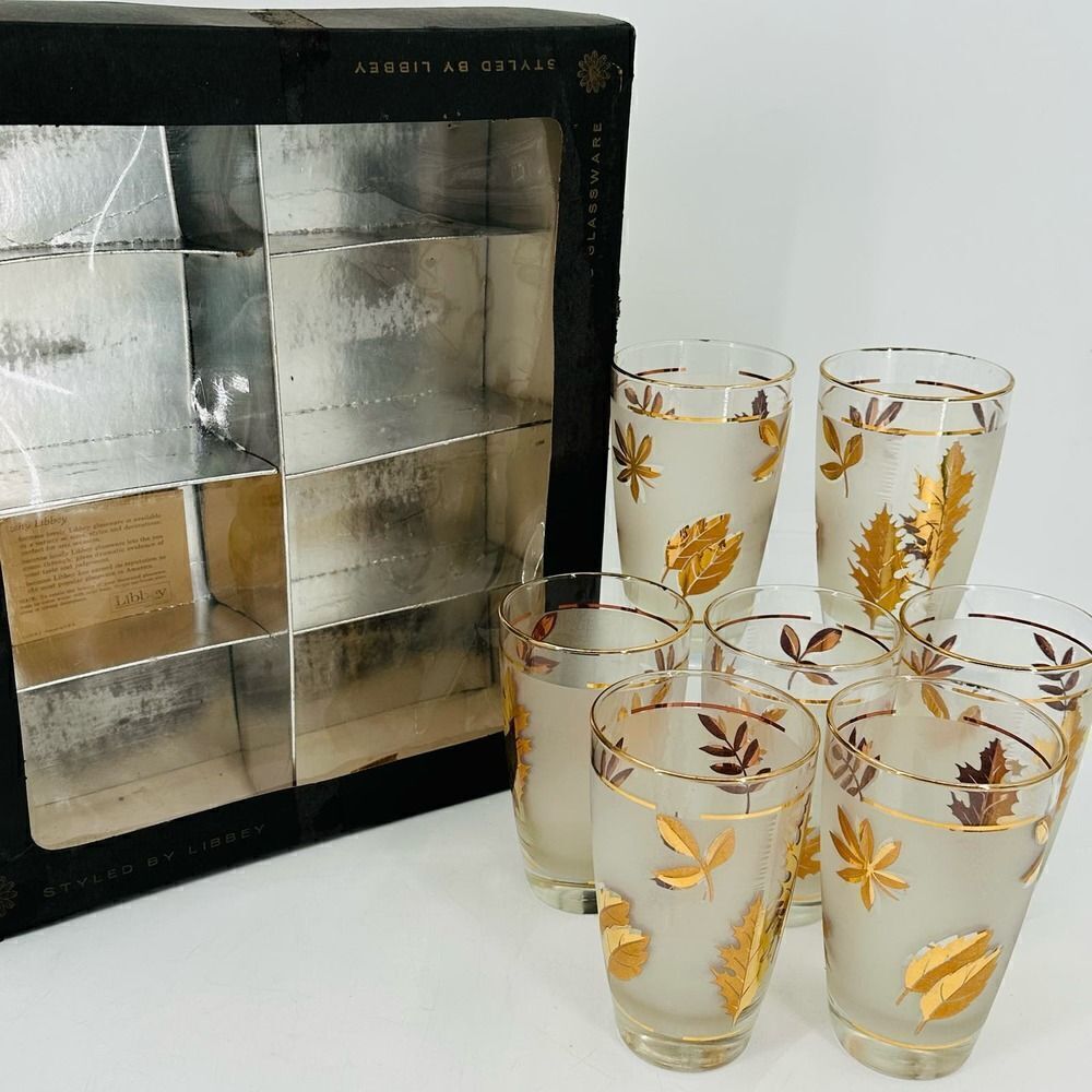 7 Vintage 60s Libbey Frosted Gold Autumn Leaves High Ball Water Glasses NIB MCM